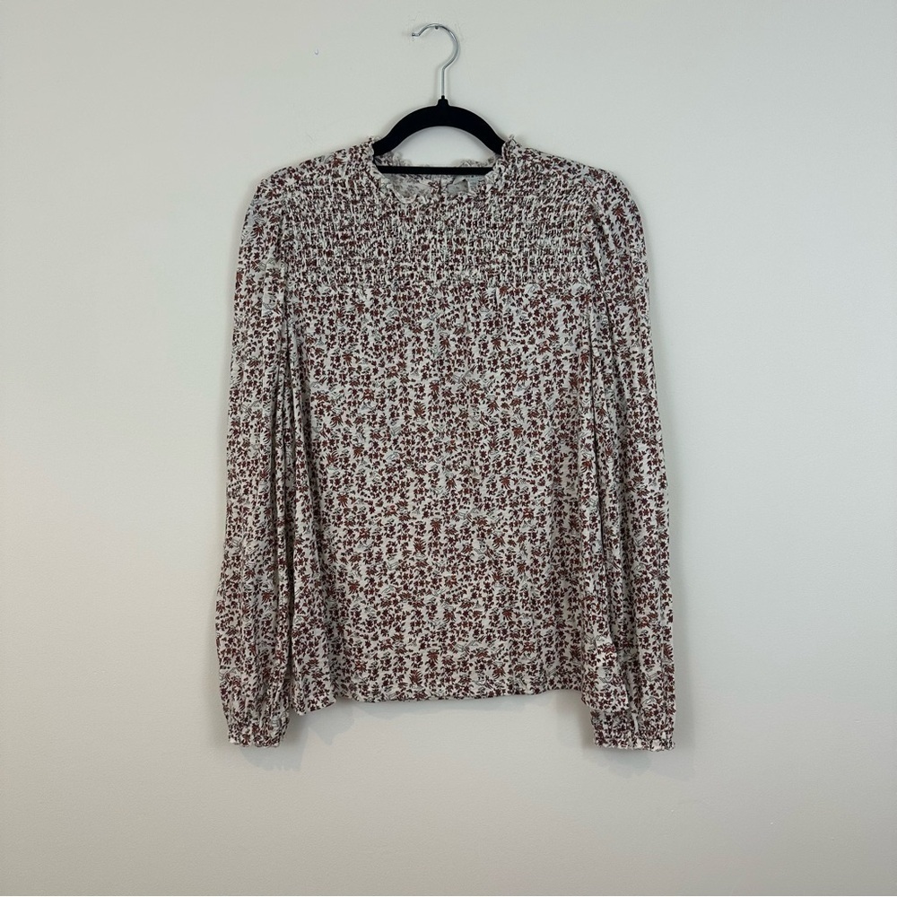 Lucky Brand | White and Red Floral Long Sleeve Blouse Ruffle Neck Medium